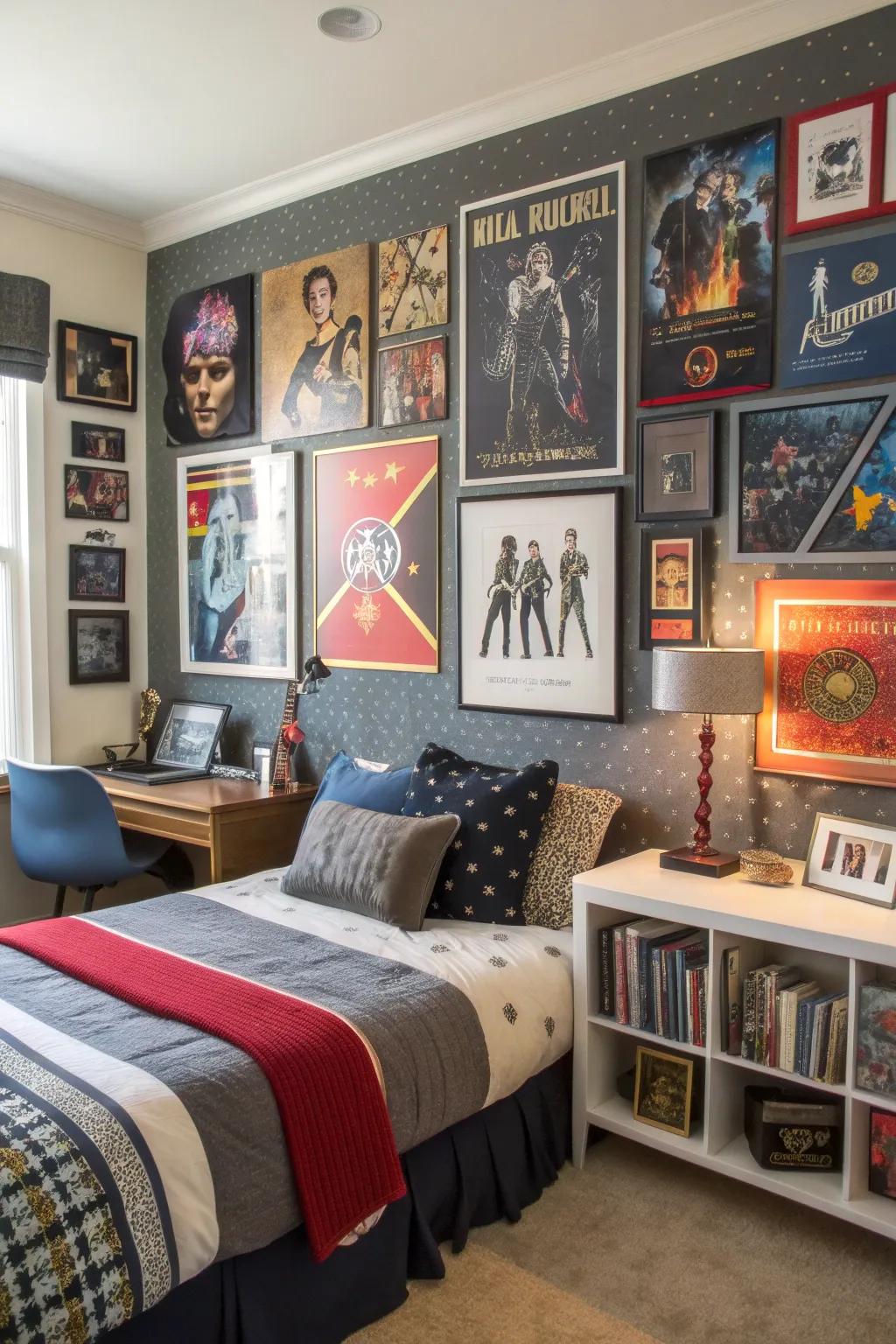 A bedroom that features an array of art and posters.