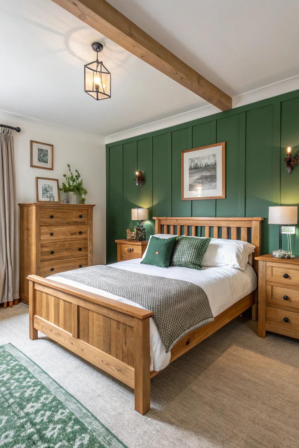 A tranquil bedroom featuring forest green and white walls, inspired by nature.
