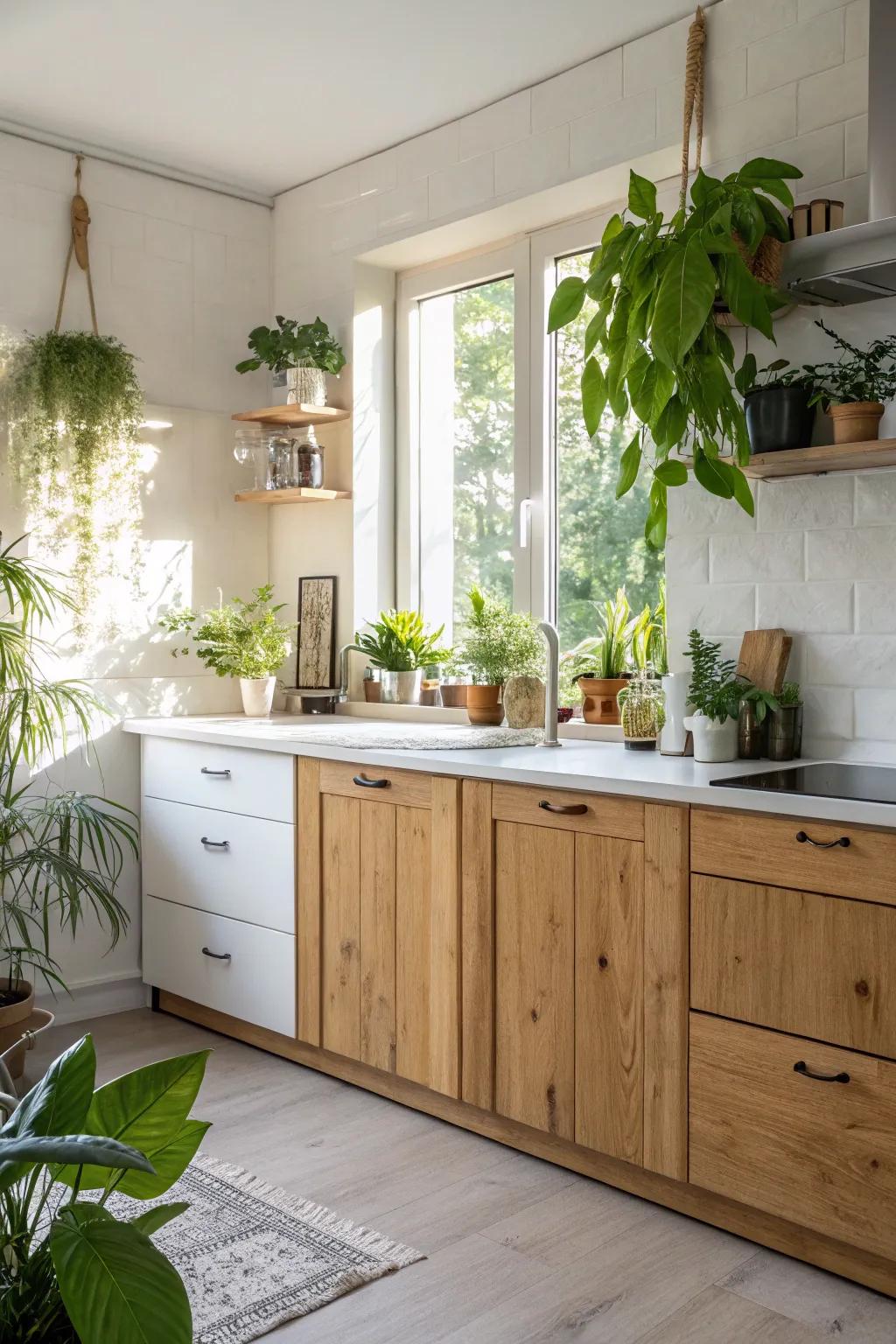 A warm wood and white kitchen with a natural, inviting feel.