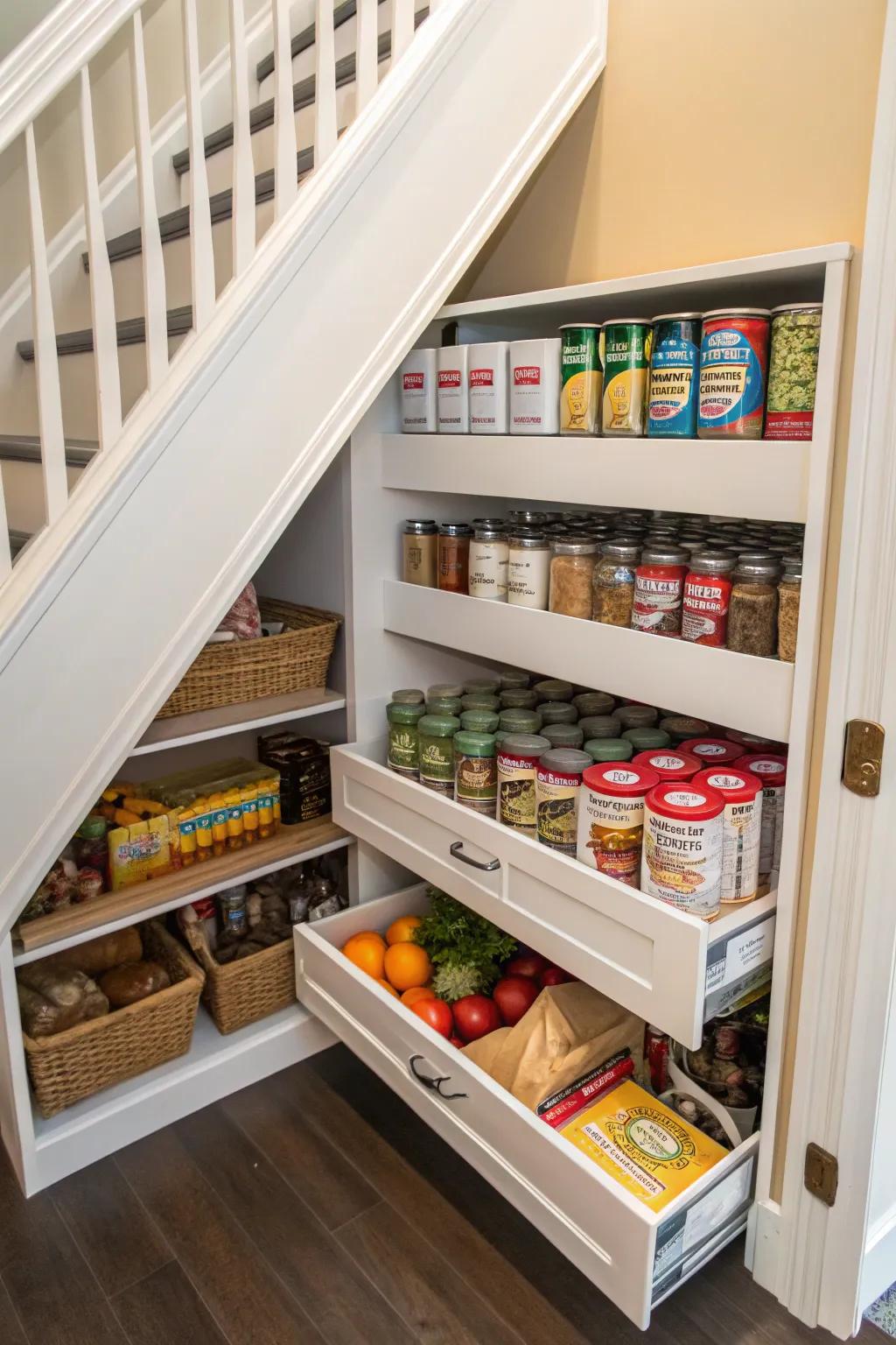 A hidden pantry beneath the stairs for all of your cooking necessities.