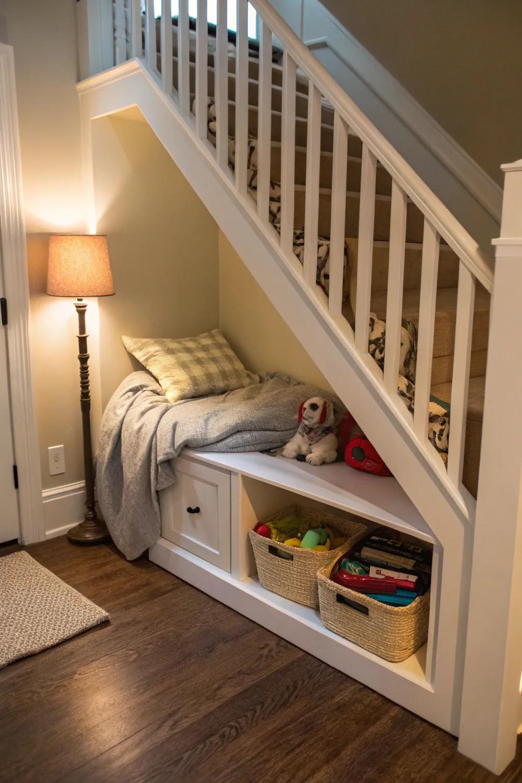 An adorable pet retreat under the stairs.