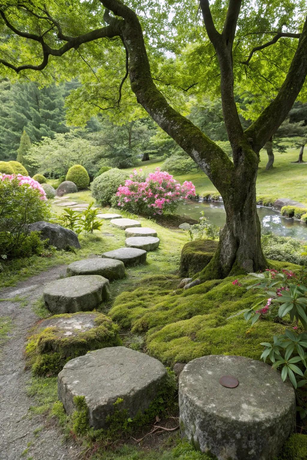Stone seating integrates effortlessly with the natural landscape.