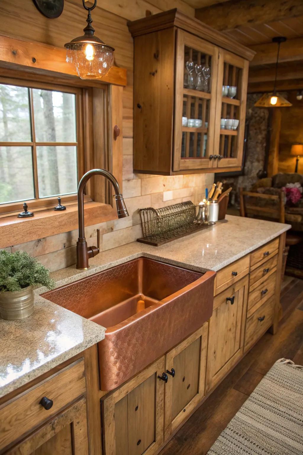 A bronze undermount sink infusing warmth into a rustic kitchen.