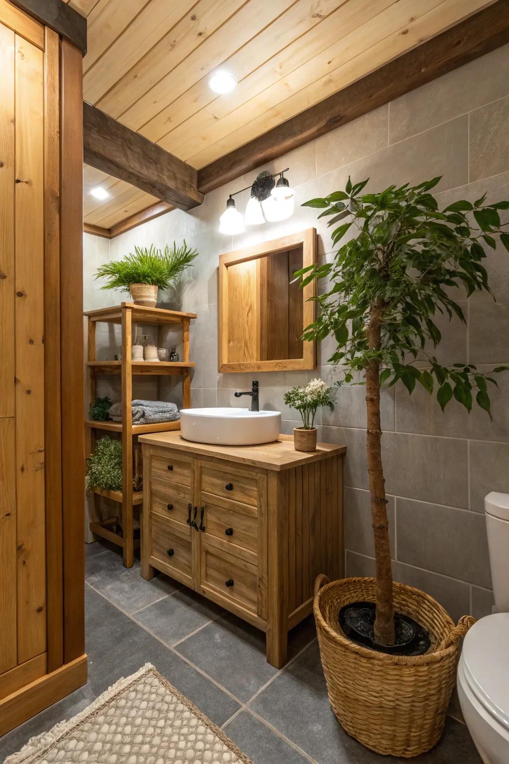 Bring nature indoors with wood accents and greenery.