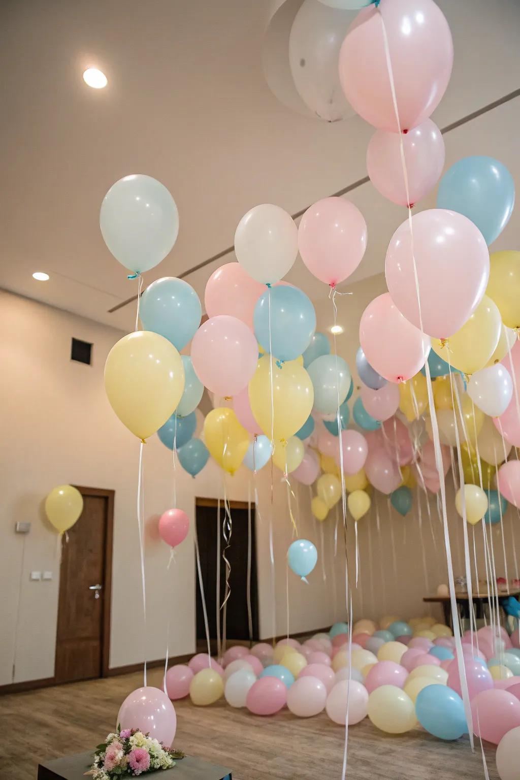 Soft-tone balloons establish a magical unicorn party scene.