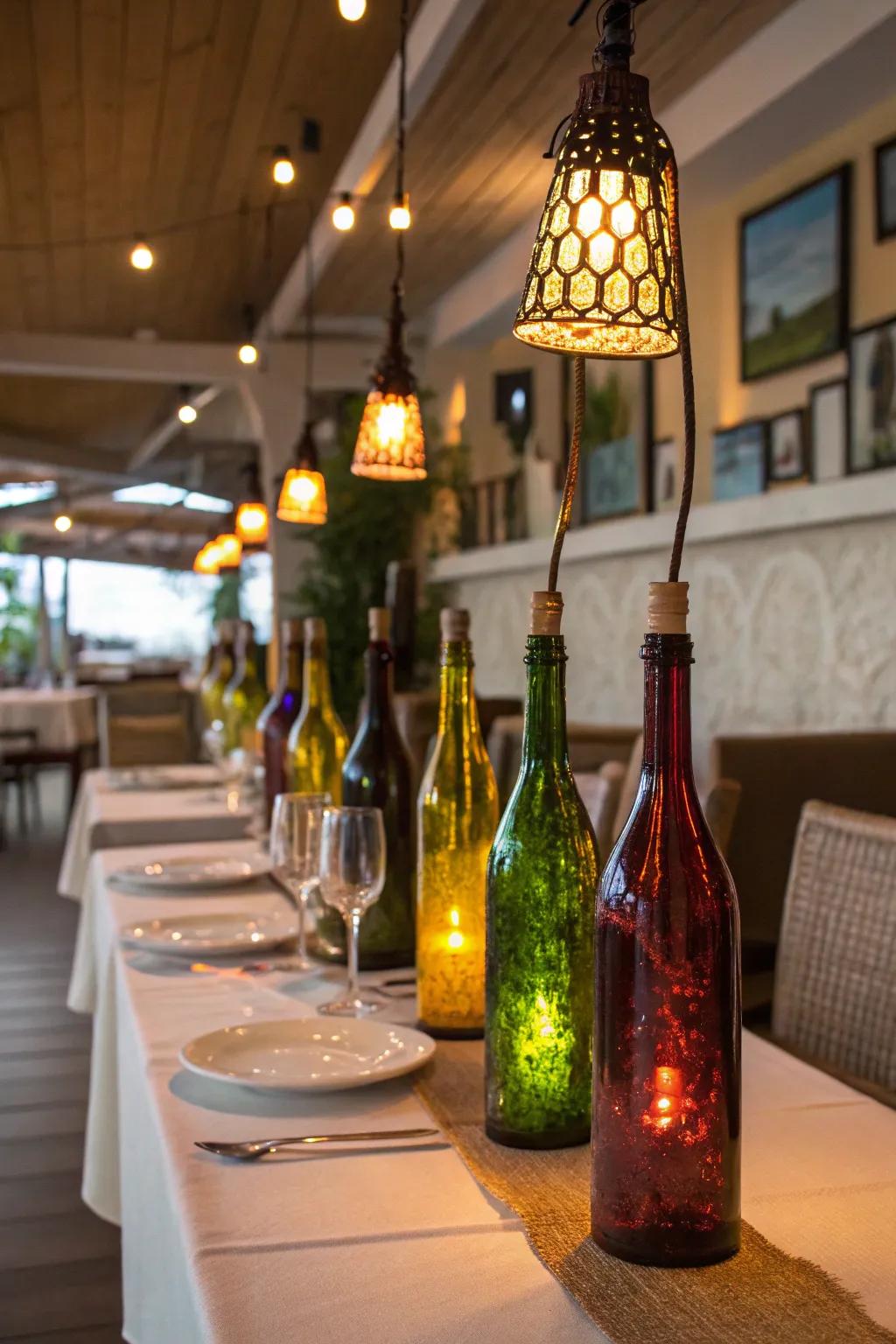 Eco-friendly cider bottle lamps for your dining space.