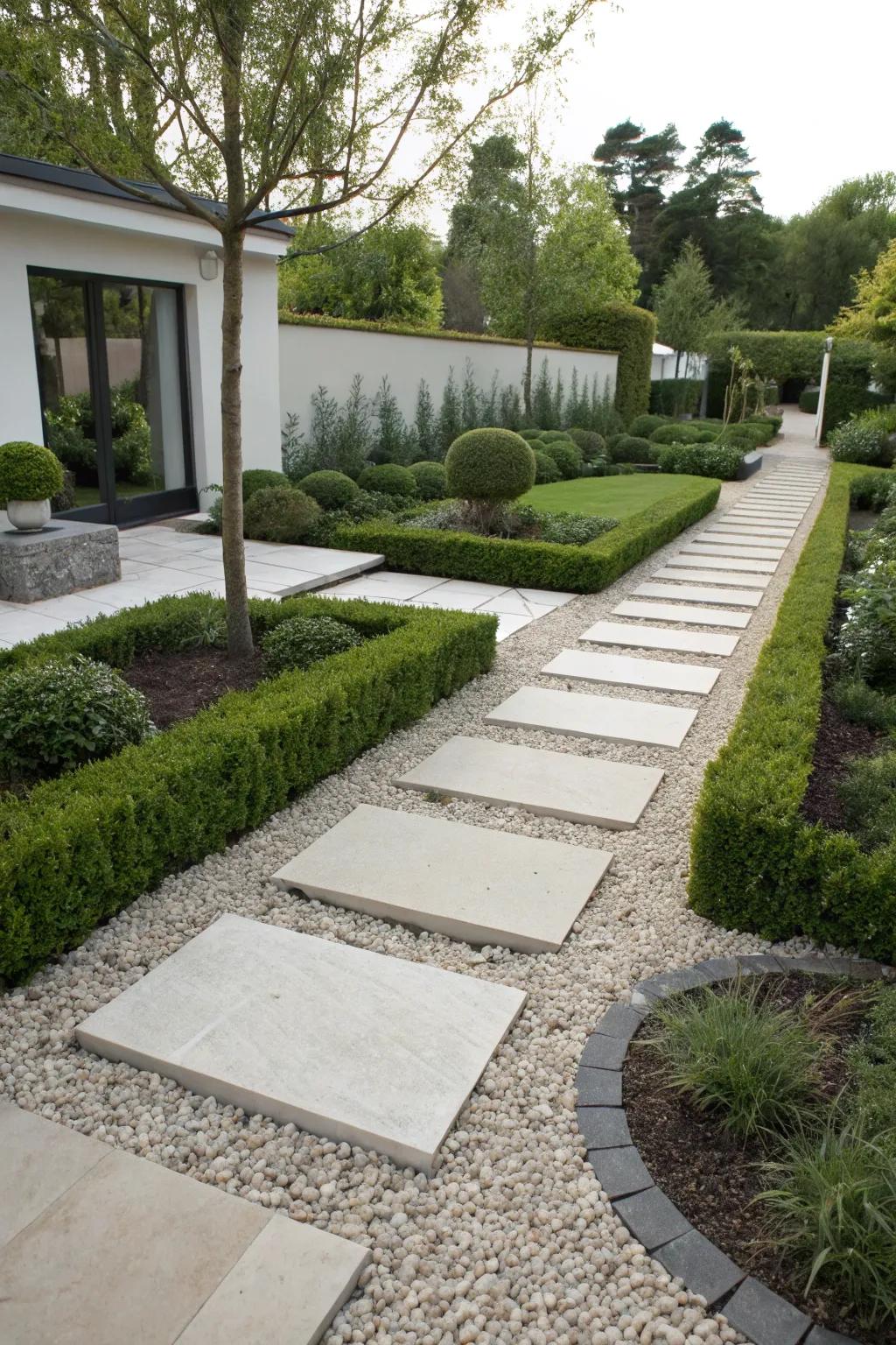 Pebble paths paired with stepping stones strike a perfect balance of simplicity and elegance.