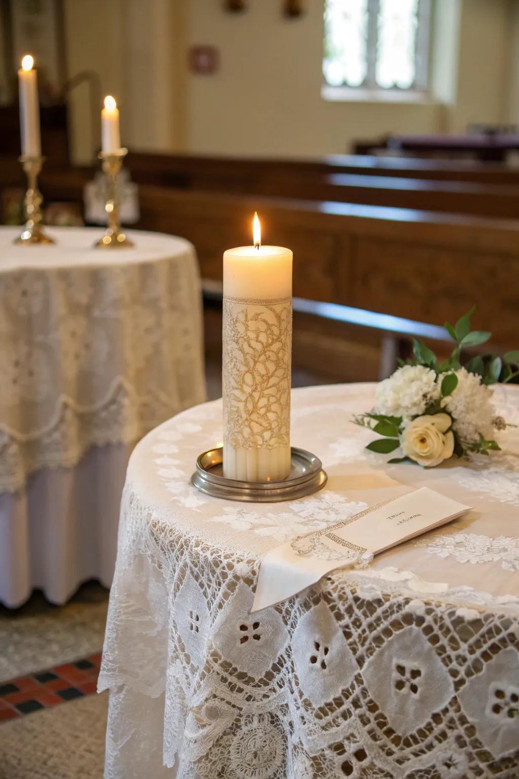 An elegant lace covering adds sophistication to the unity candle table.