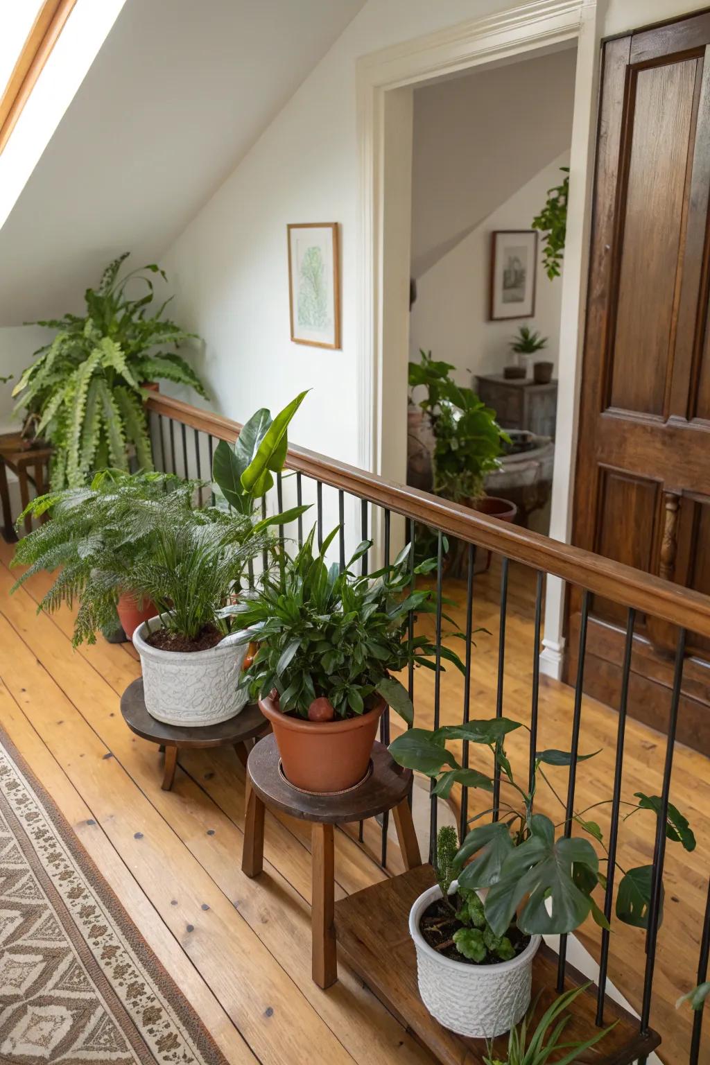 Greenery enlivens the upstairs landing.
