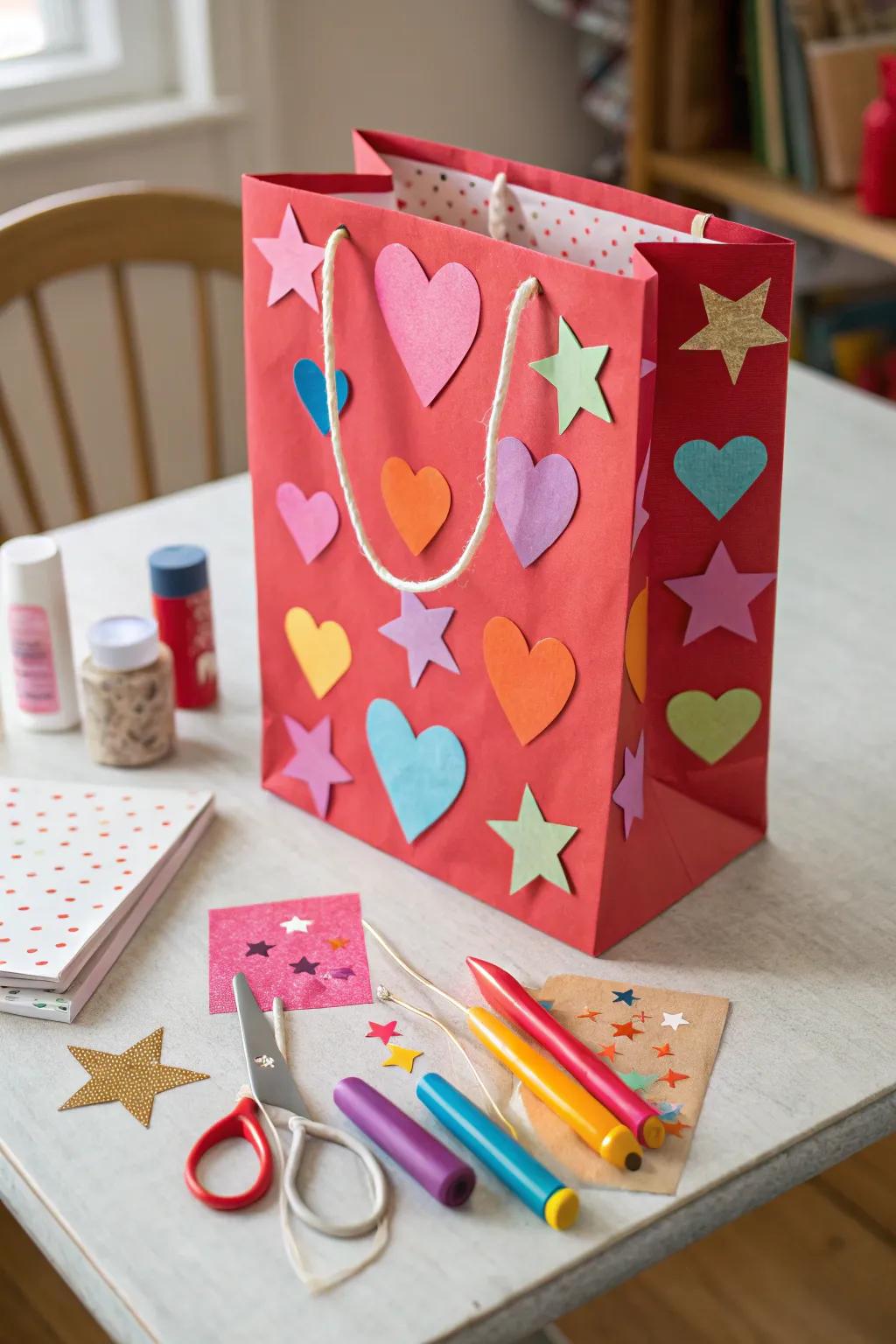 Valentine's bag adorned with vibrant paper embellishments.