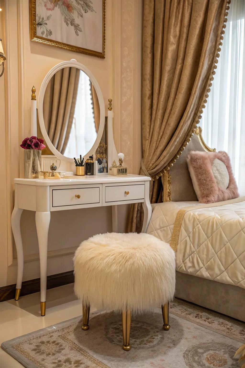 A plush furry stool combines comfort and style.