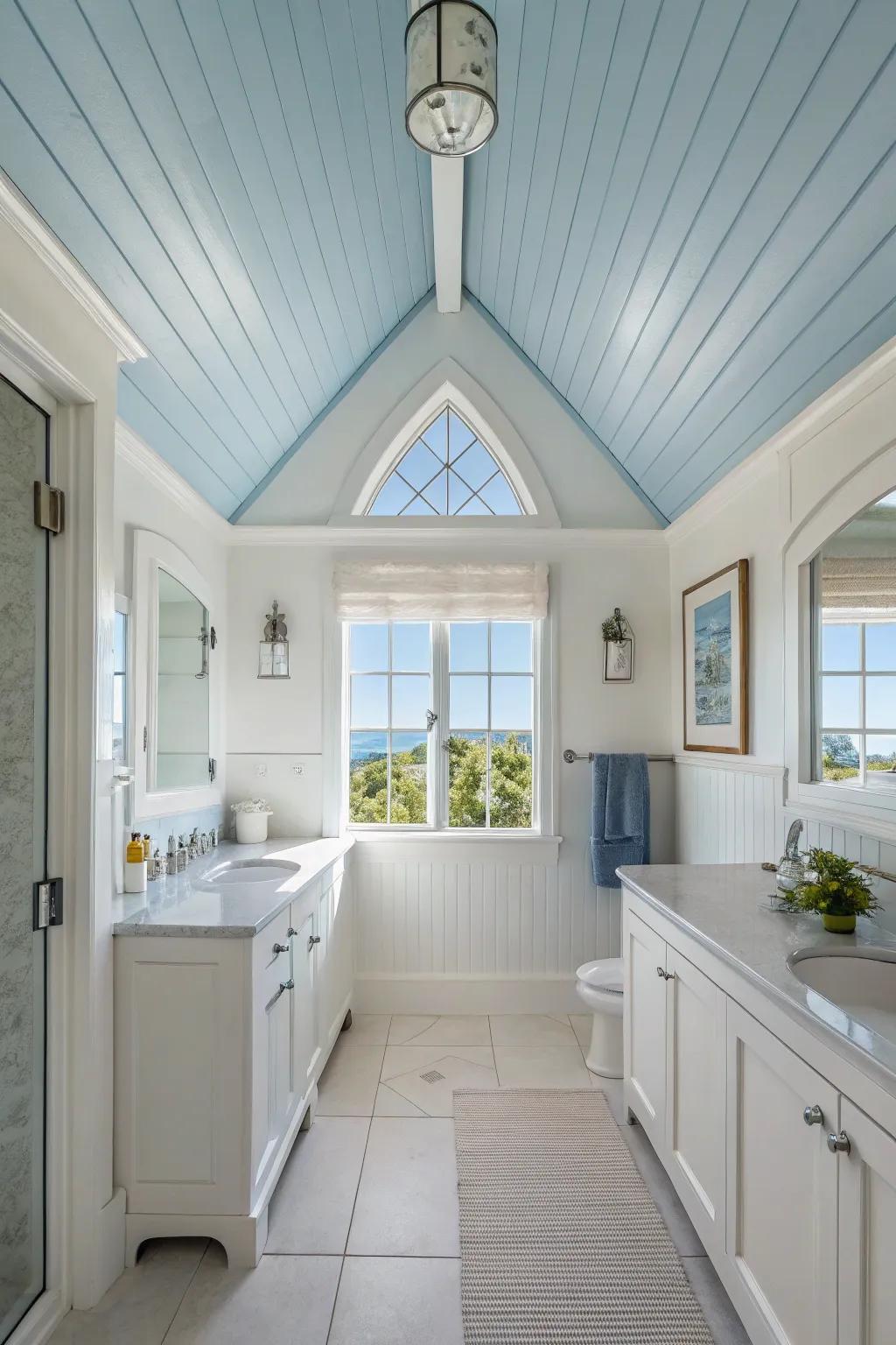 A sky-blue vaulted ceiling imparts a serene environment to this restroom.