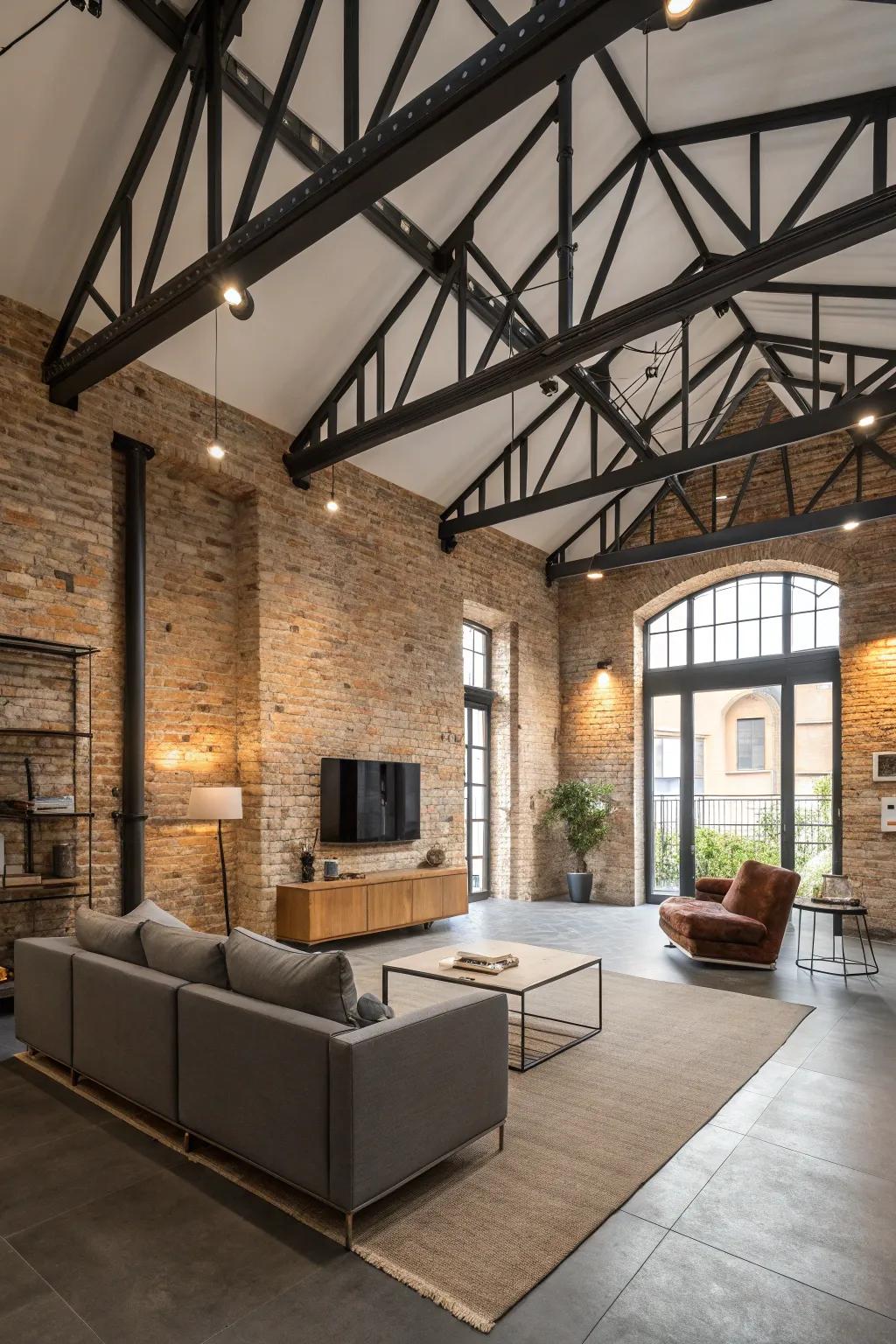 Industrial elegance achieved with alloy supports on a vaulted ceiling, perfect for urban lofts.