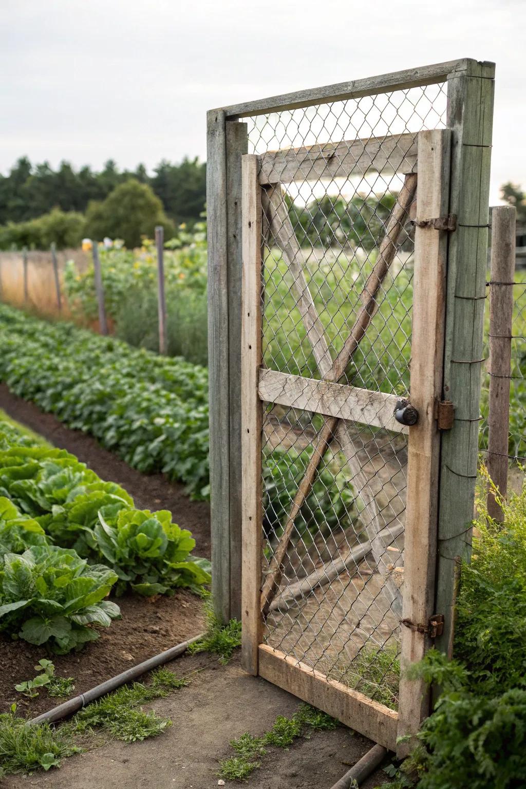 A modern garden gate featuring metallic net for enhanced protection.