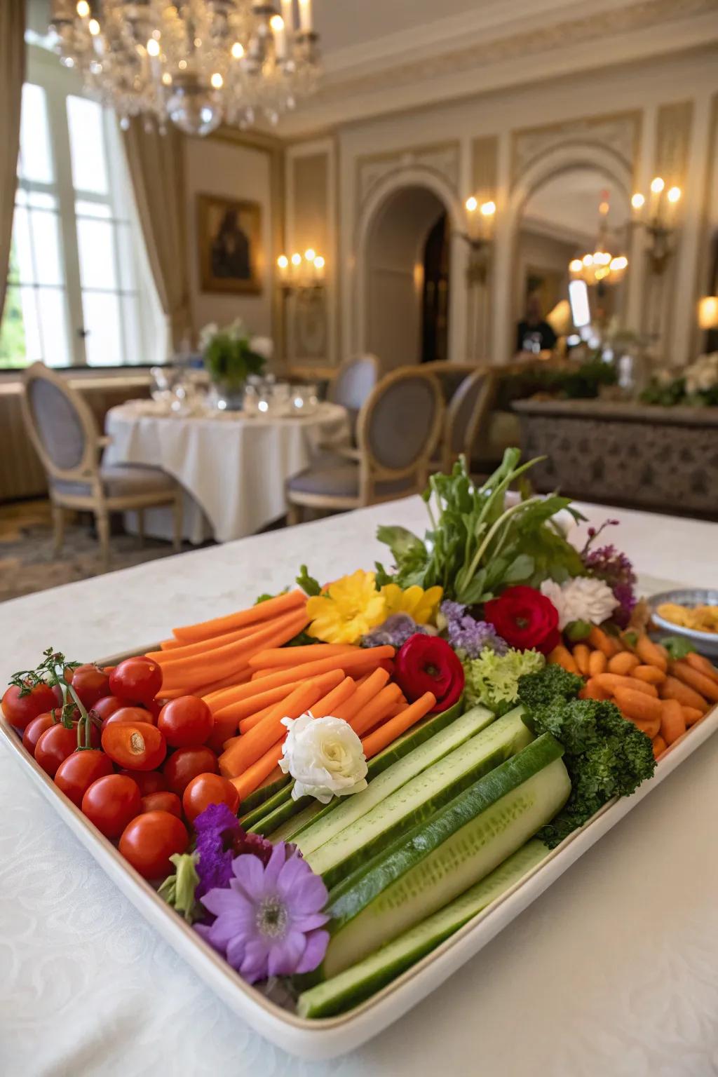 An elegant veggie display enhanced with edible flowers.