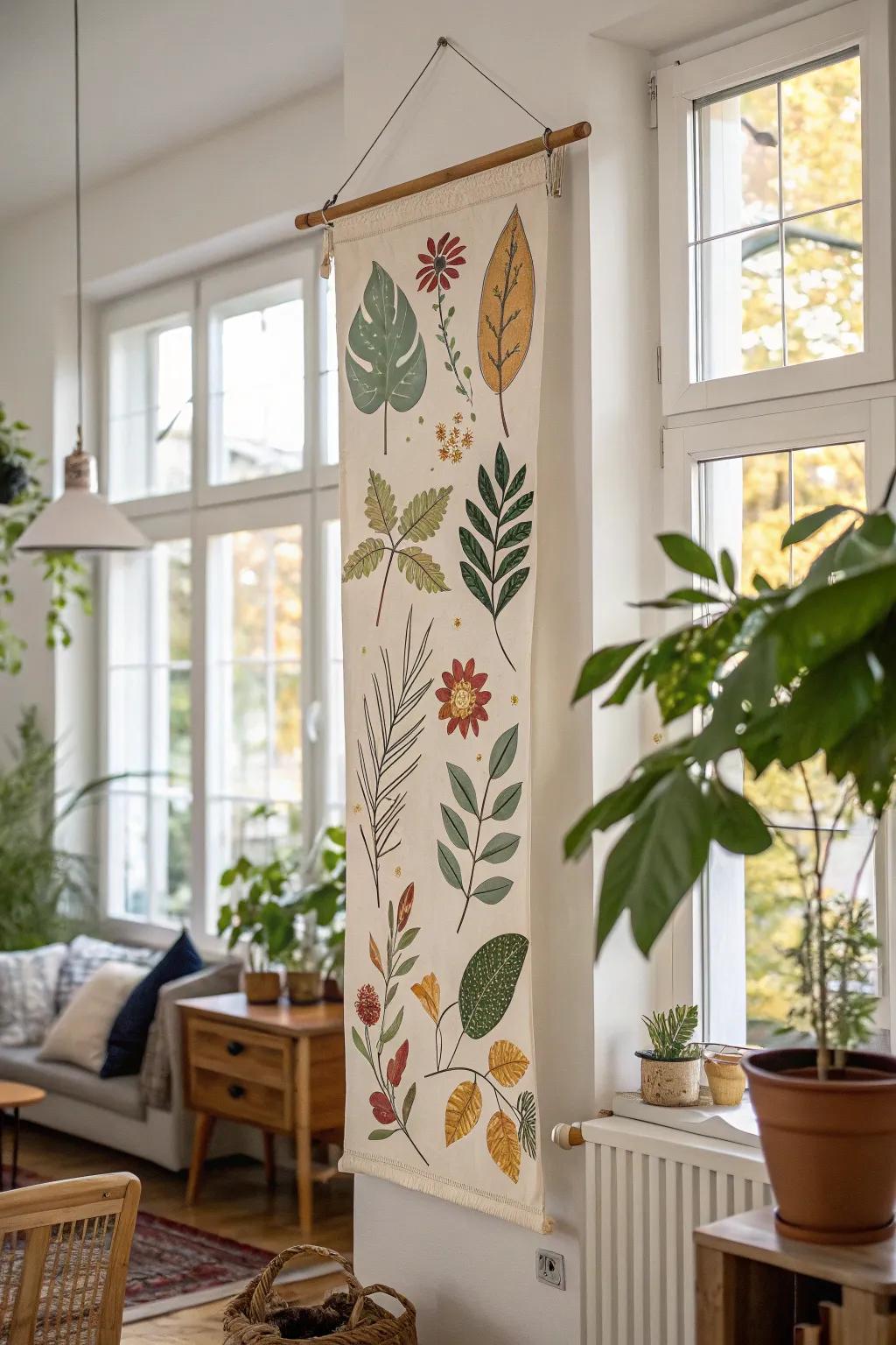 A nature-themed banner infuses a soothing vibe in a living area.