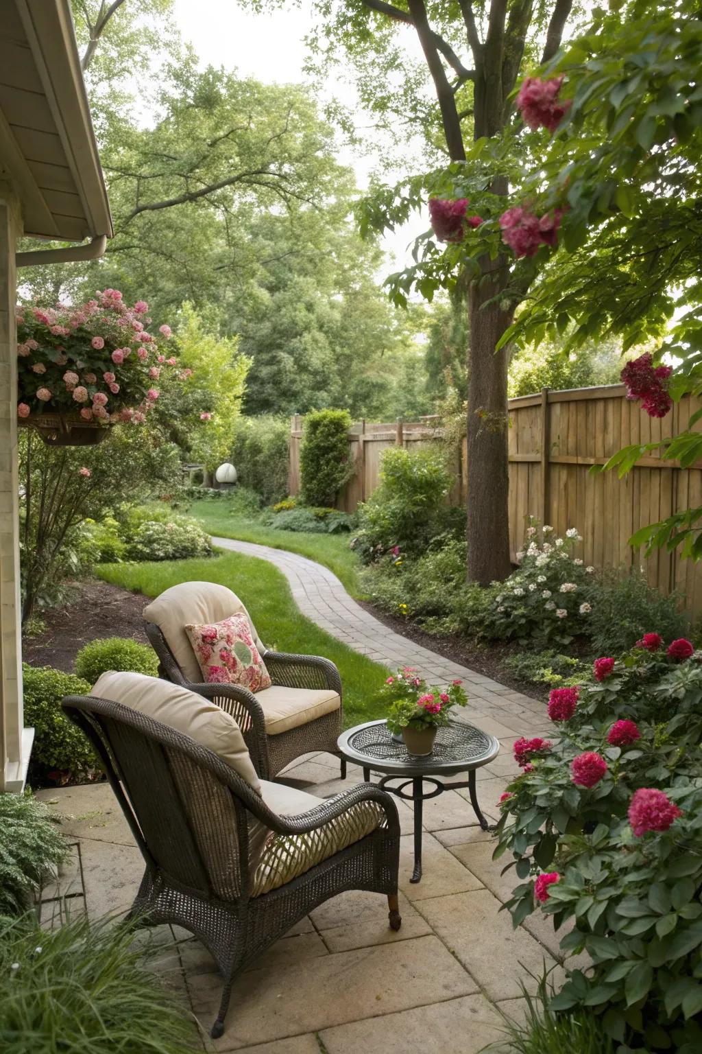 A comfortable outdoor seating area nestled among lush garden plants.