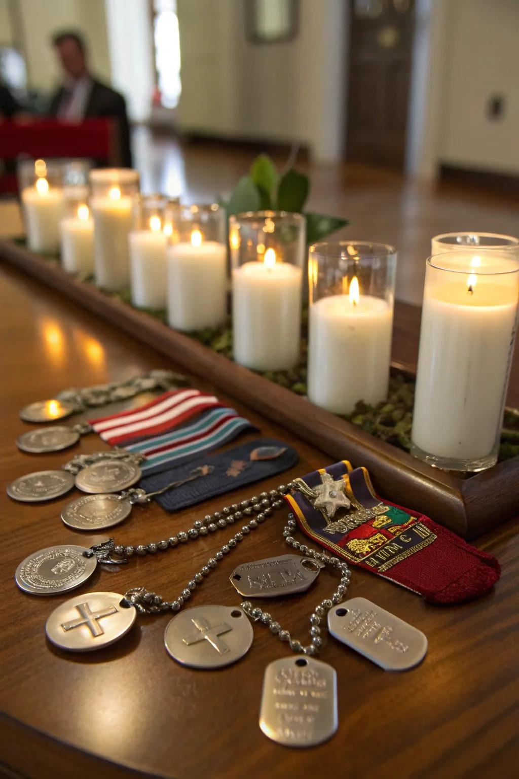 A centerpiece that honors veterans through the use of military memorabilia.
