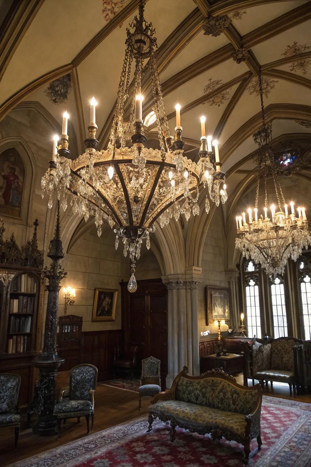 An imposing light fixture enriches the space with light and drama.