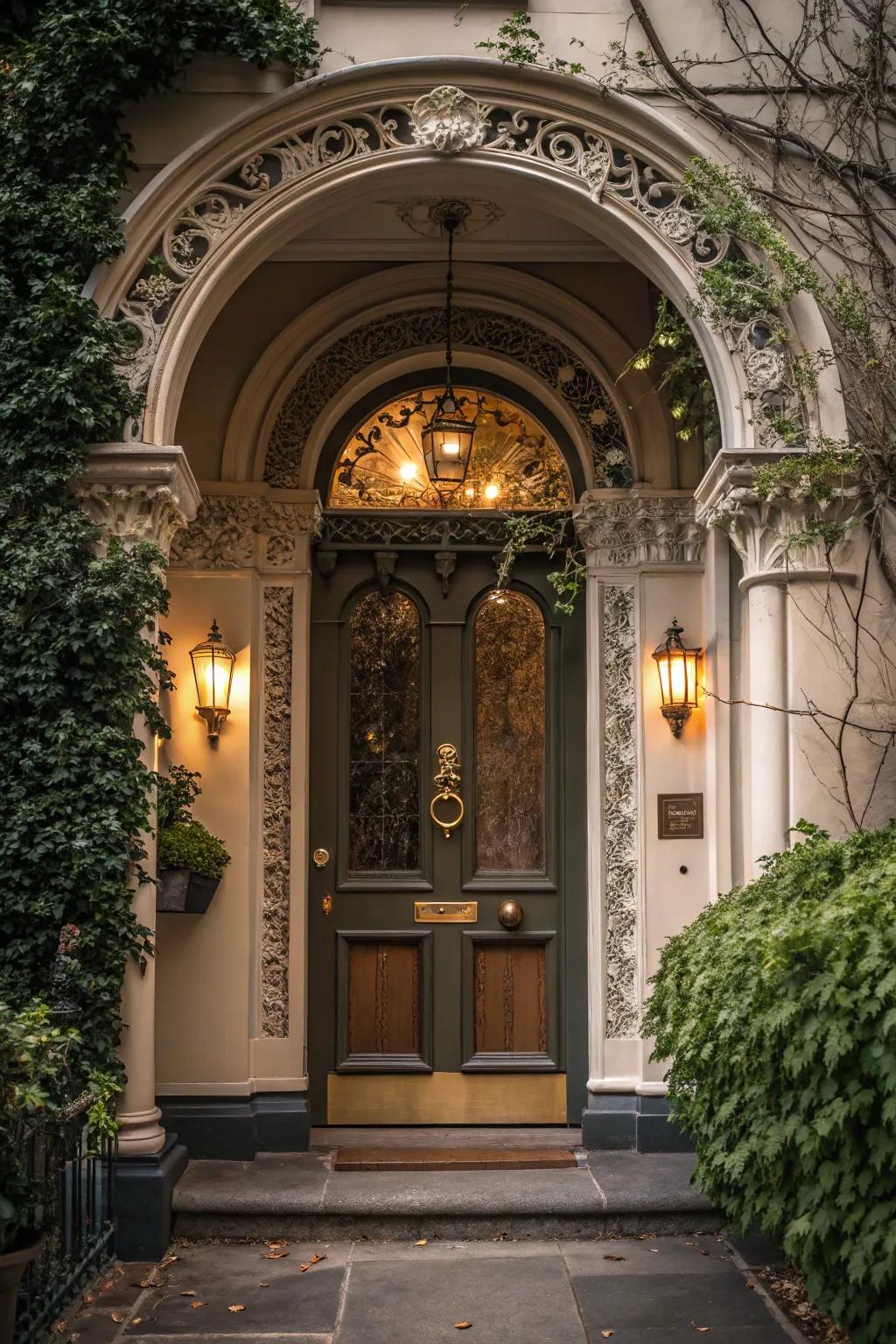 An elegant curved entryway elevates the appeal of this Victorian residence.