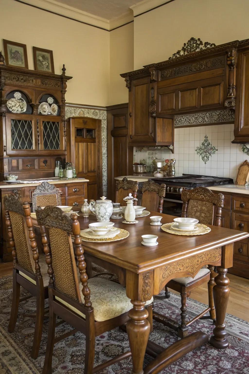 Vintage furnishings contribute majesty and functionality to a Victorian kitchen area.