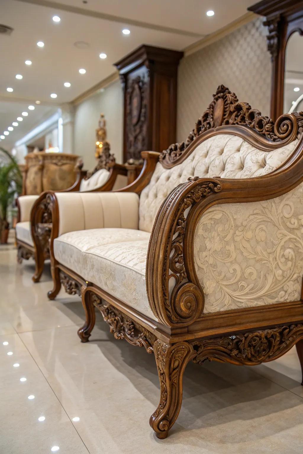 Ornamental furnishings with elaborate etchings introduce an artistic attraction to the location.