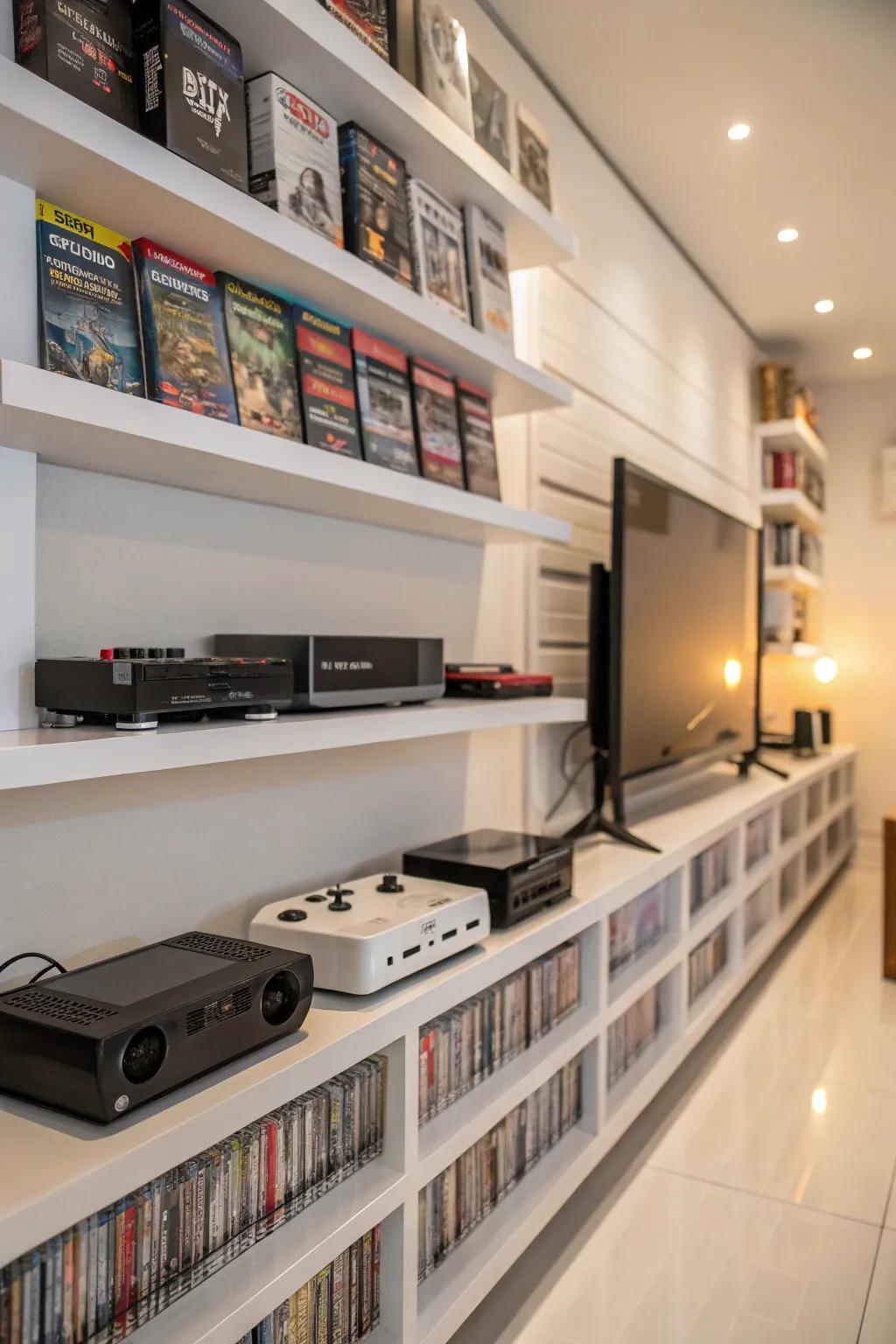 Wall-mounted shelves displaying a video game collection.