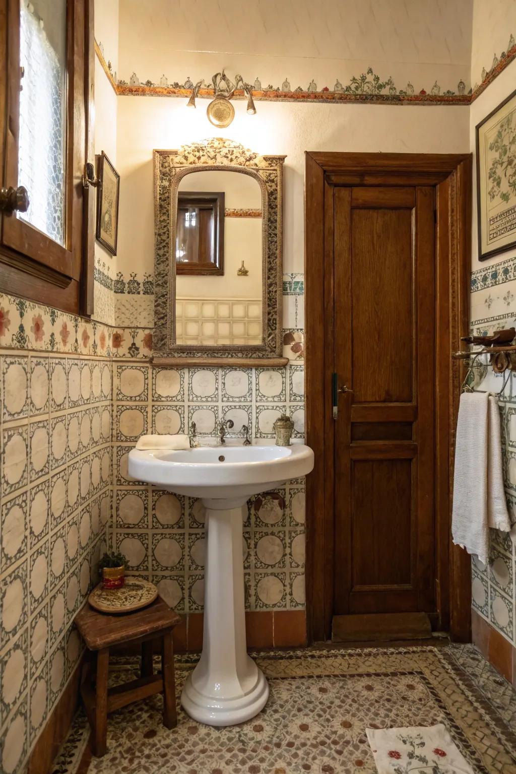 A single leg sink introduces a traditional element to antique bathroom decor.