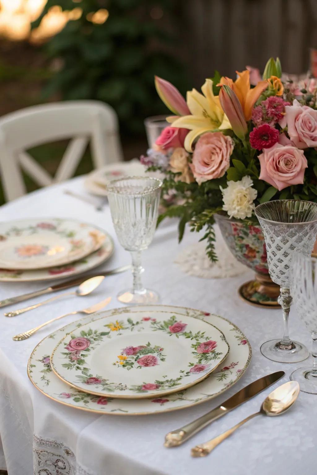 A polished retro table layout with flower and crockery elements.