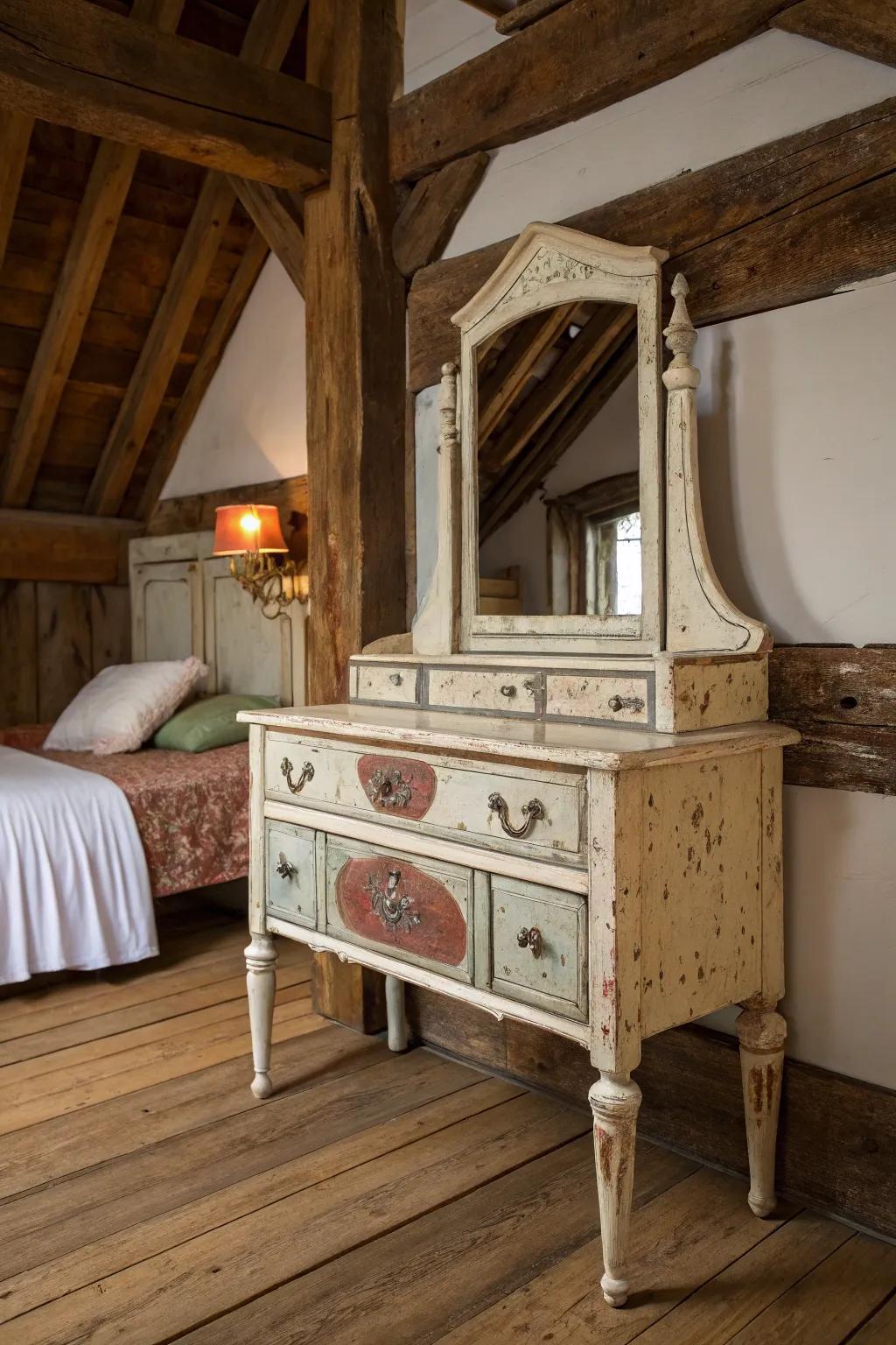 A weathered finish introduces a rustic charm to your antique vanity.