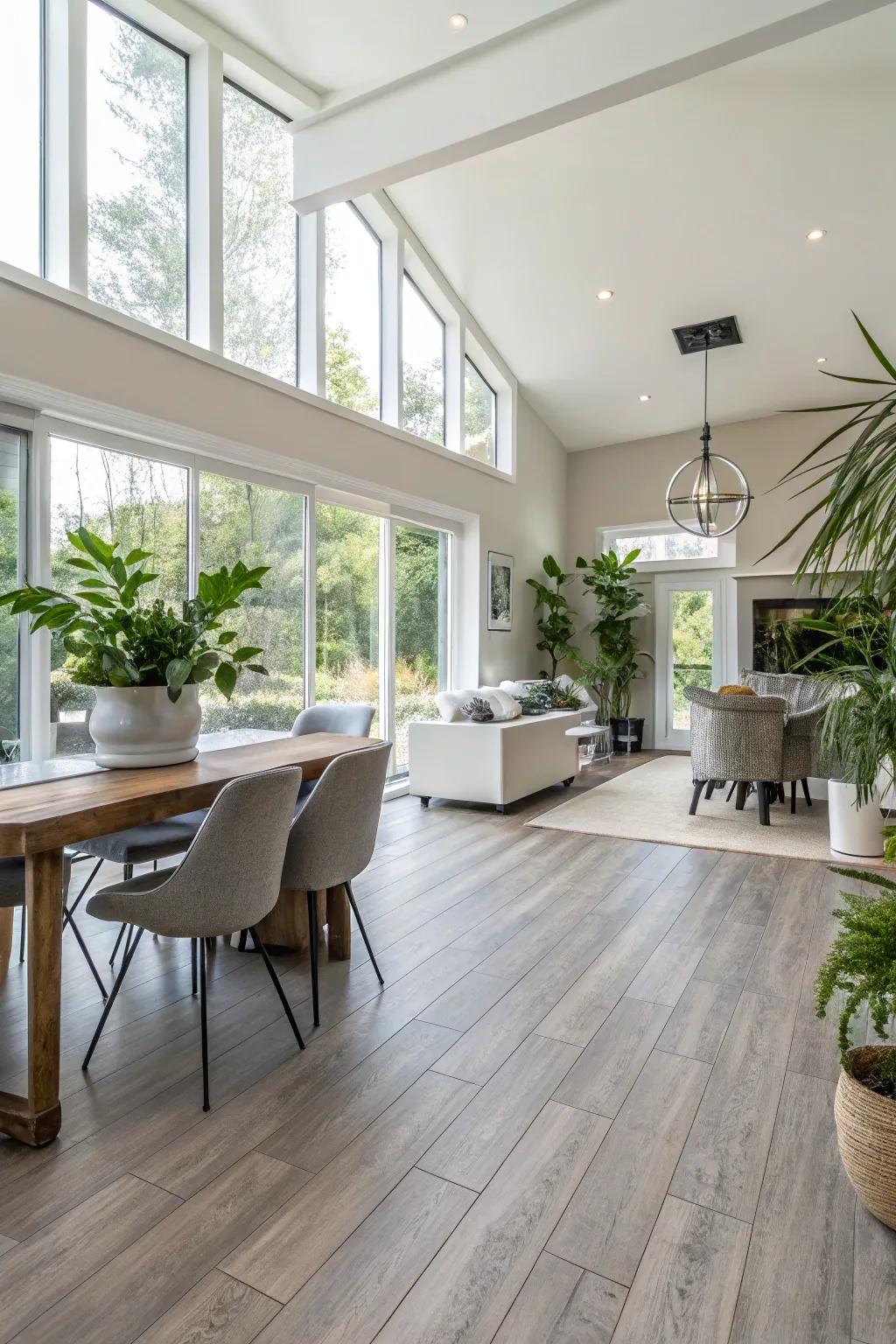 Achieve harmony with consistent vinyl flooring in open layouts.