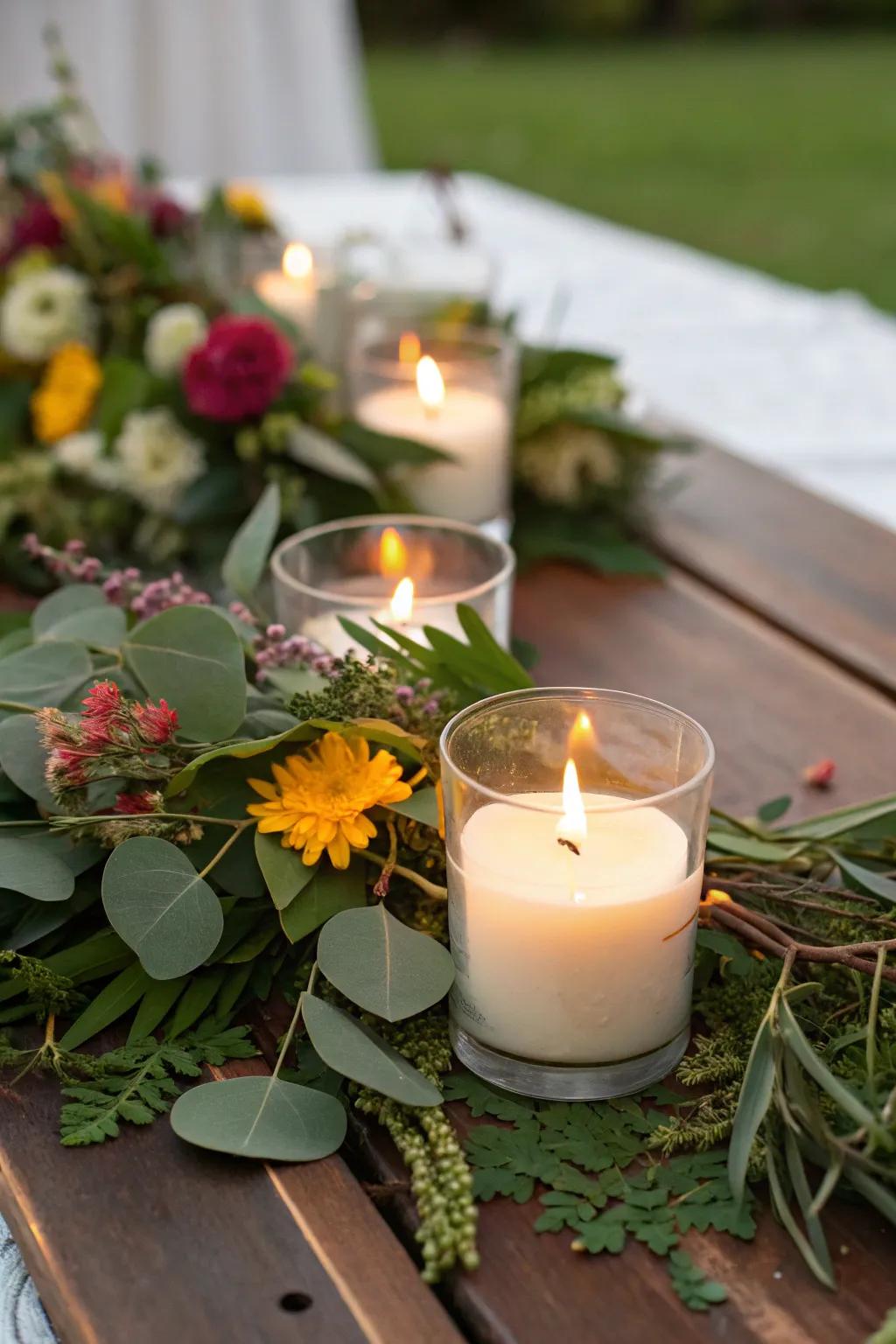 Organic elements blend perfectly with votive lights.