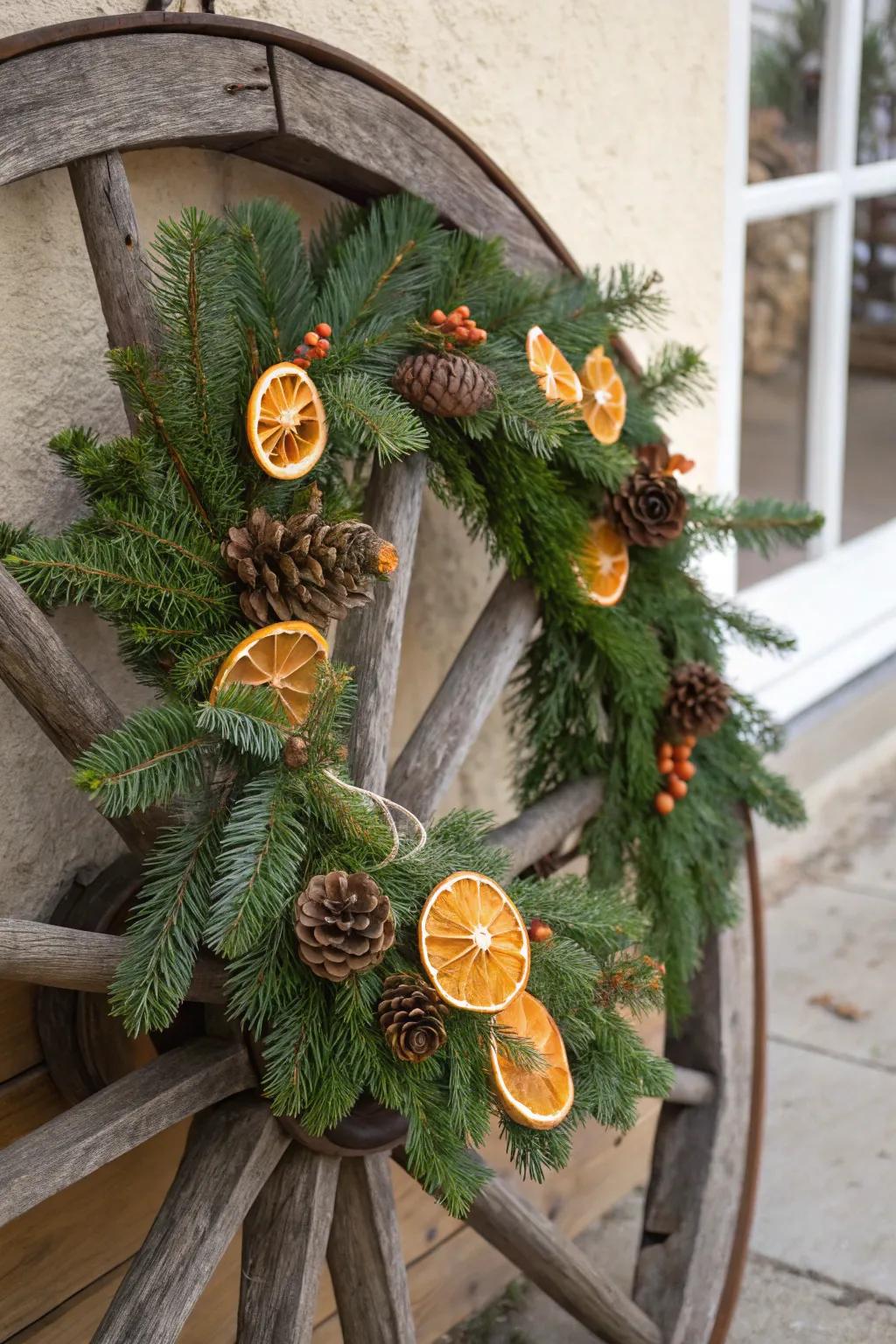A cart wheel decorated with juniper and dried citrus fruits, creating a festive holiday garland.