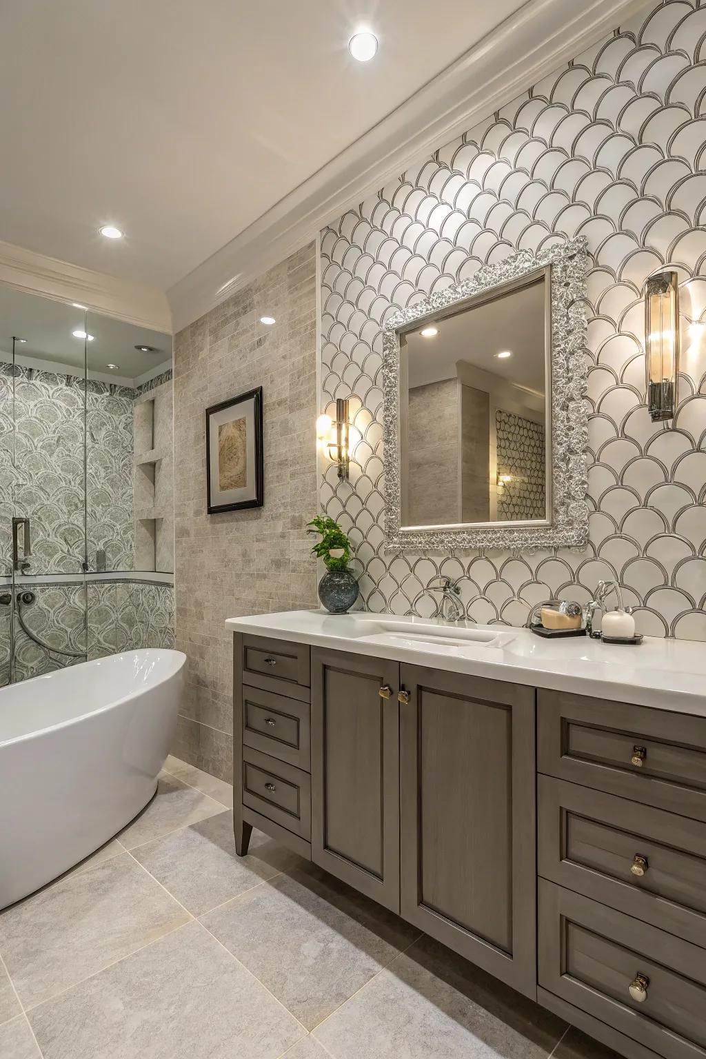 Patterned tiles infuse a sense of luxury to bathroom wainscoting.