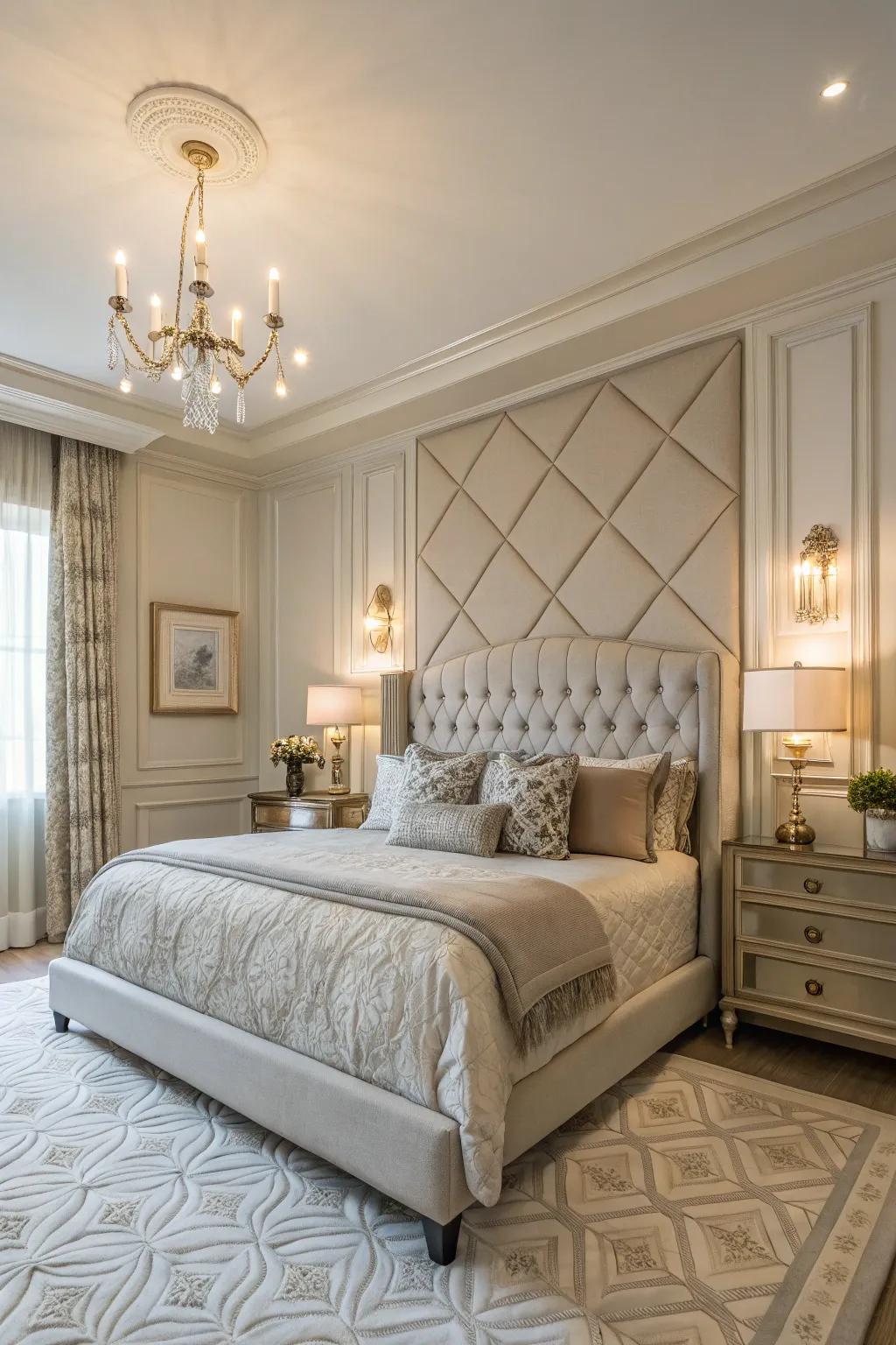 A feature wall complete with wainscoting has the potential to transform your bedroom into an opulent escape.