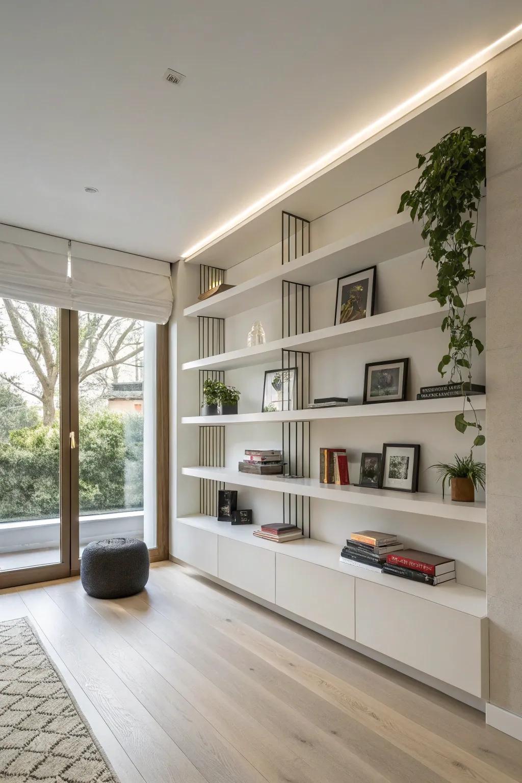 Floating shelves offer a streamlined and spacious aesthetic for contemporary interiors.