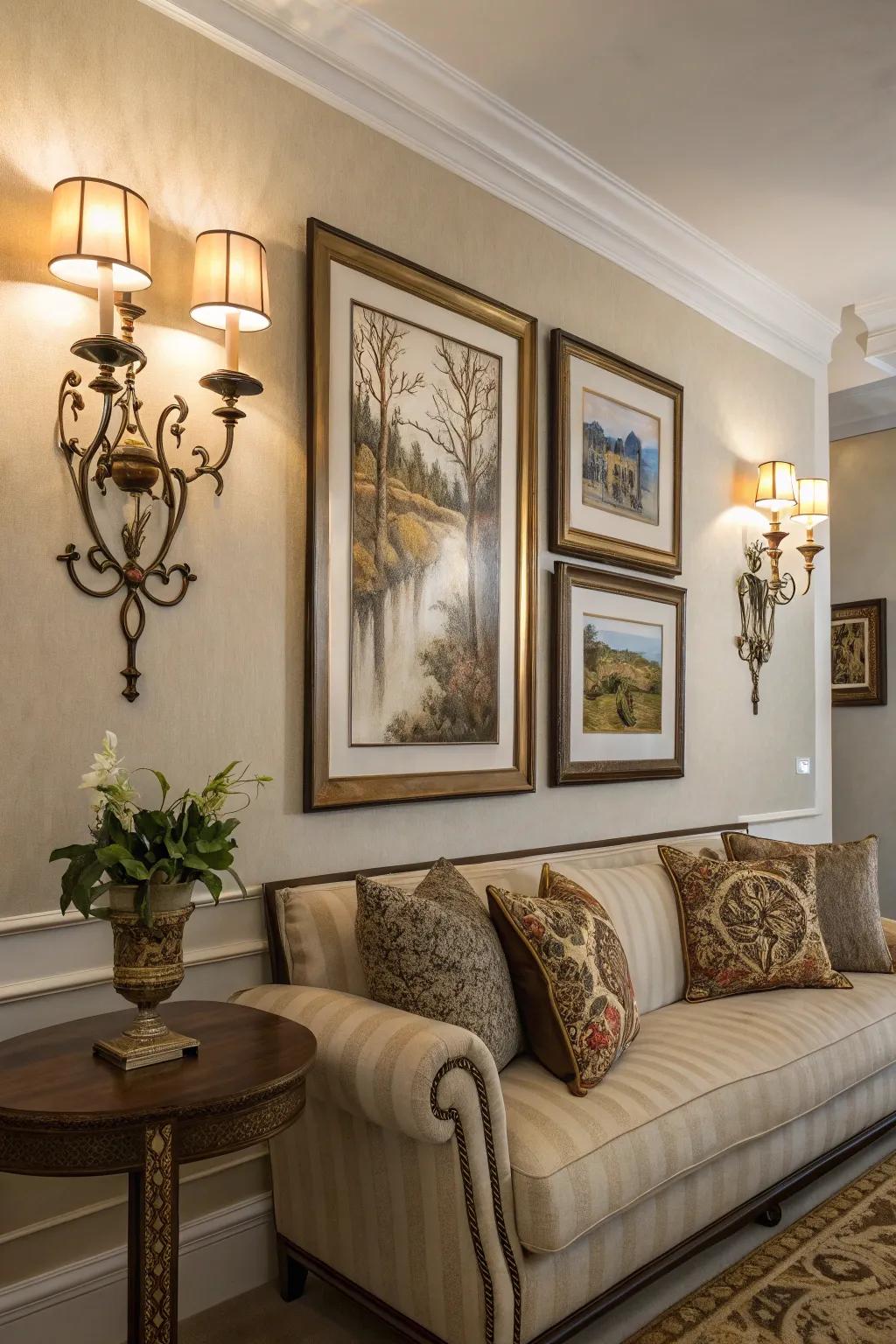 Accentuate artwork through the use of accent wall lighting.