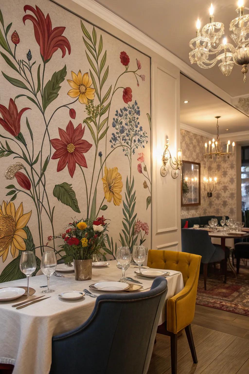 Elevate your dining space with a romantic floral mural.