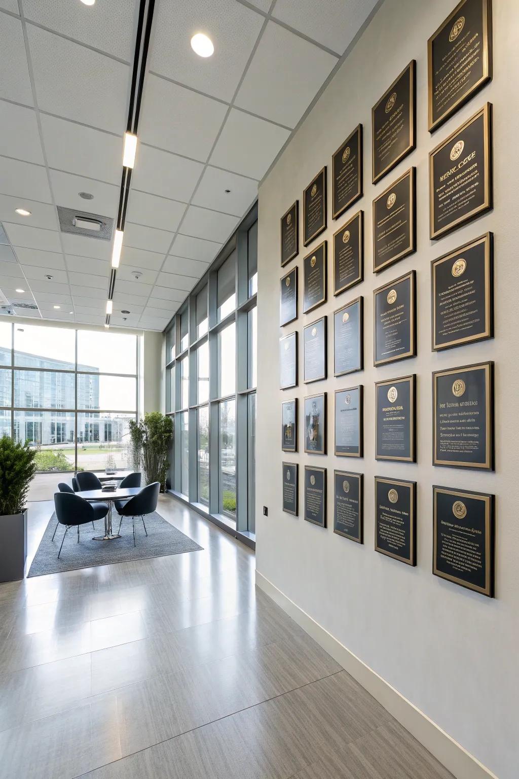 A sleek achievement display wall in a minimalist setting.