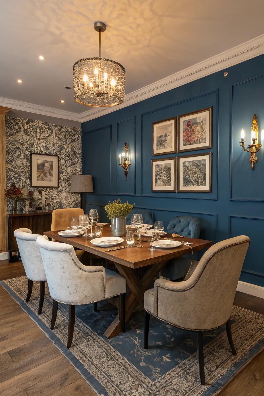 A remarkable navy feature wall in a dining area.