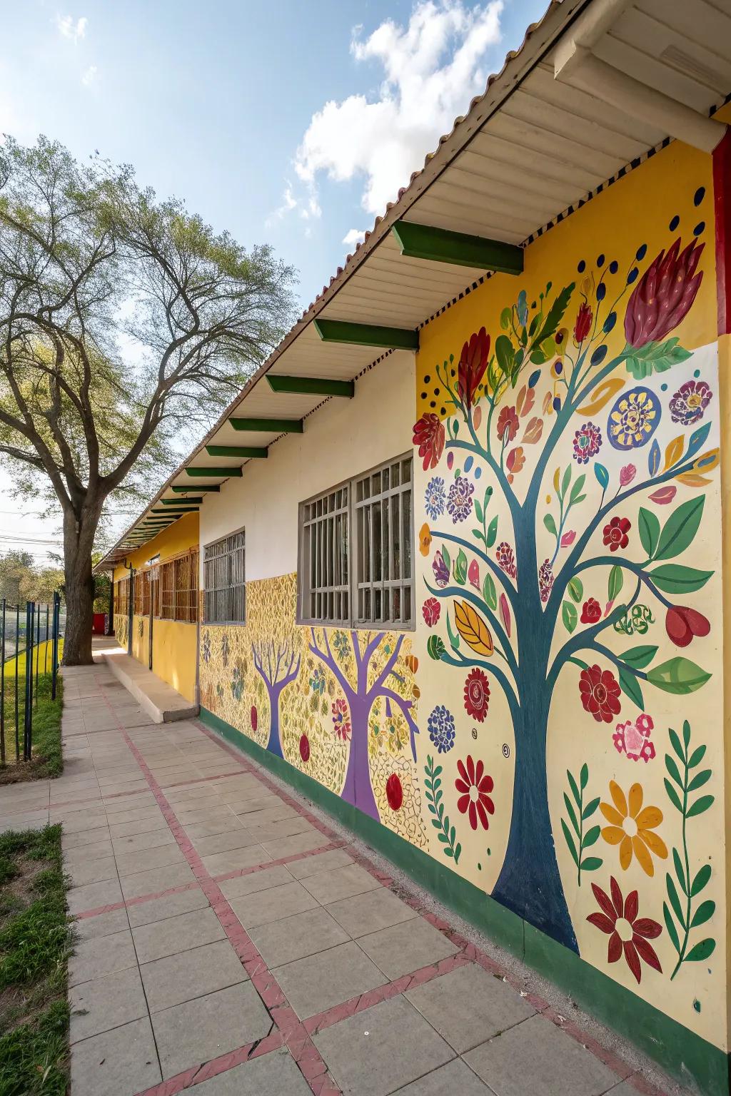 School wall decorated with a nature theme