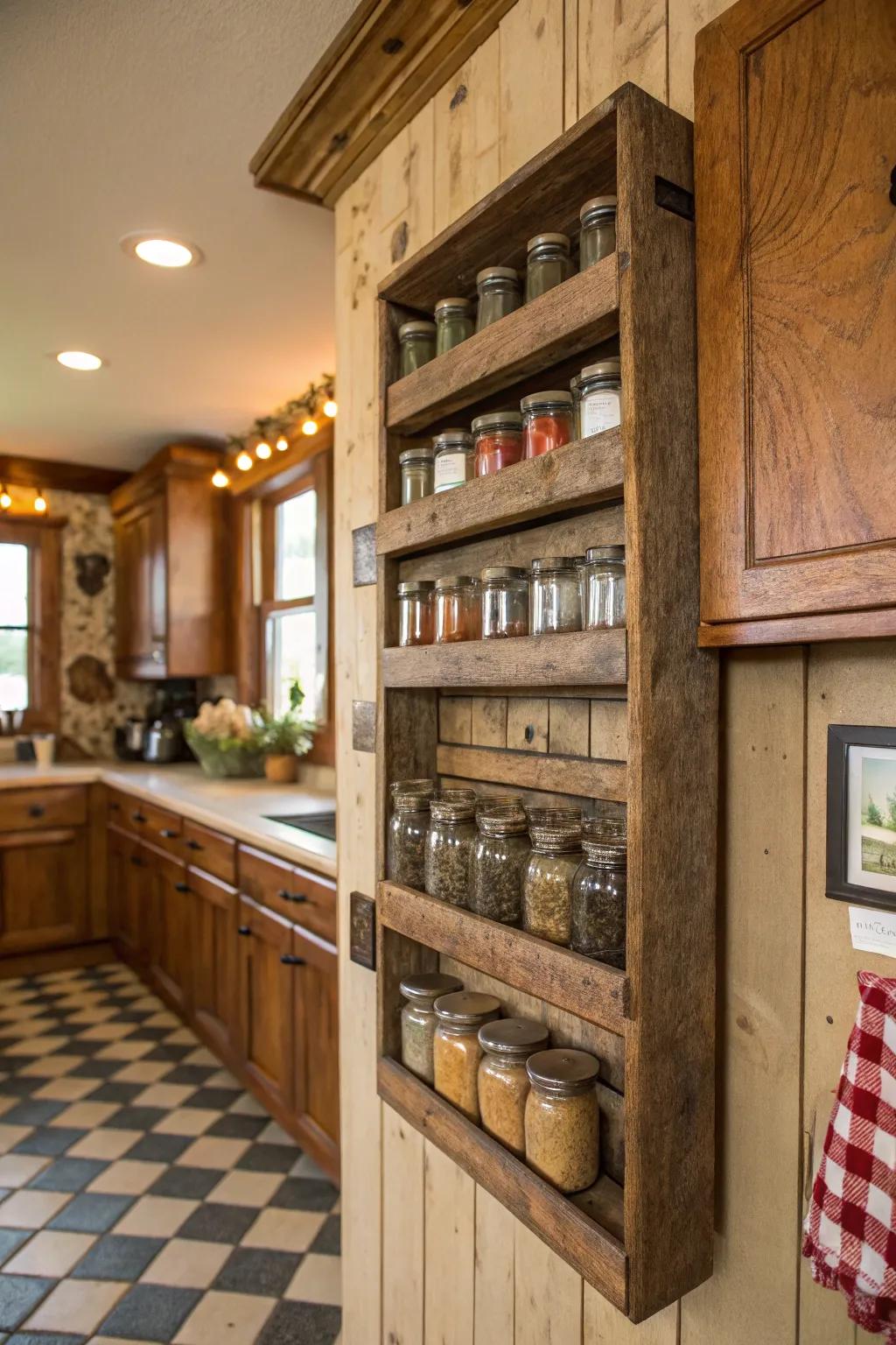 Rustic timber organizers contribute warmth and texture to your decor.