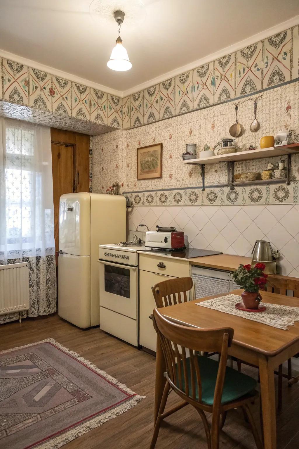 A kitchen radiating charm with a vintage wallpaper border.