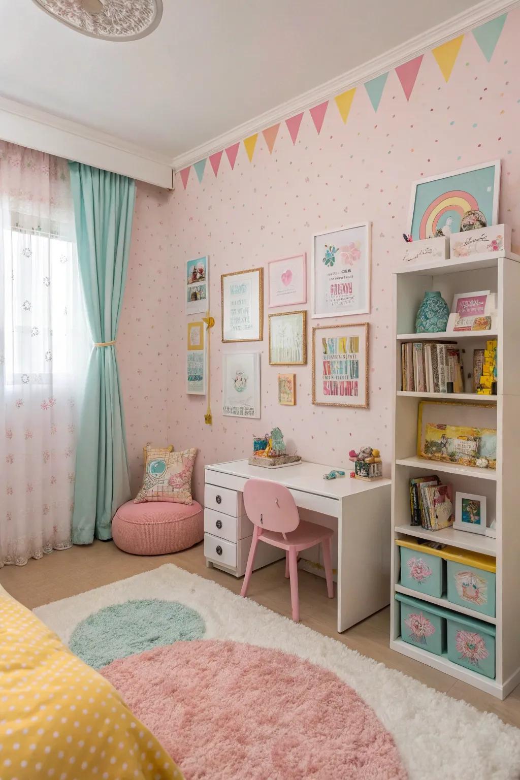 Delicate shades establish a soothing and inviting atmosphere in a girl's bedroom.