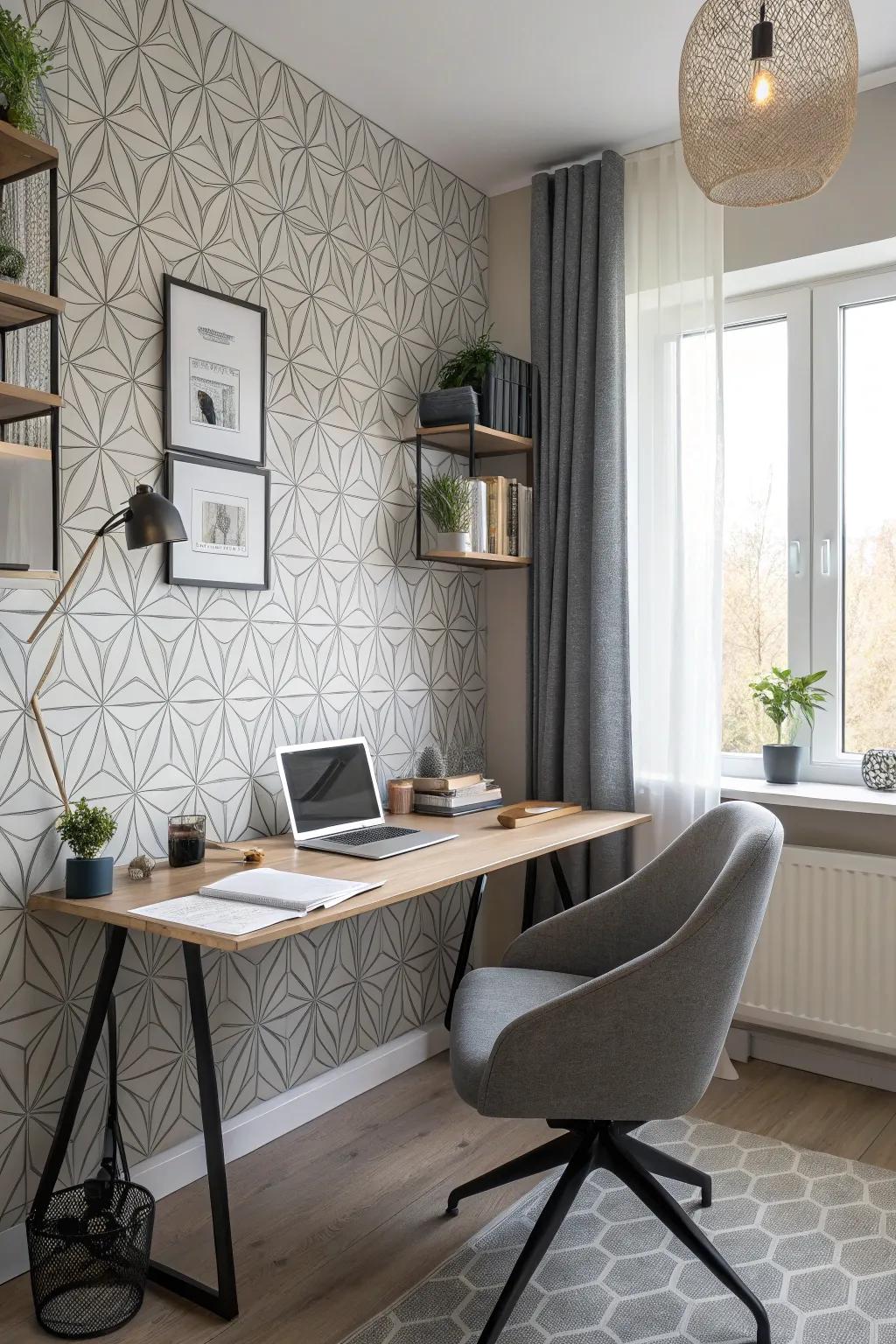 Structured wallpaper introduces a contemporary flair to workspaces.