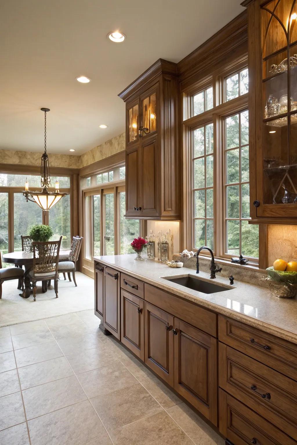 Sunlight highlights the inviting shades of pecan finish cabinets.