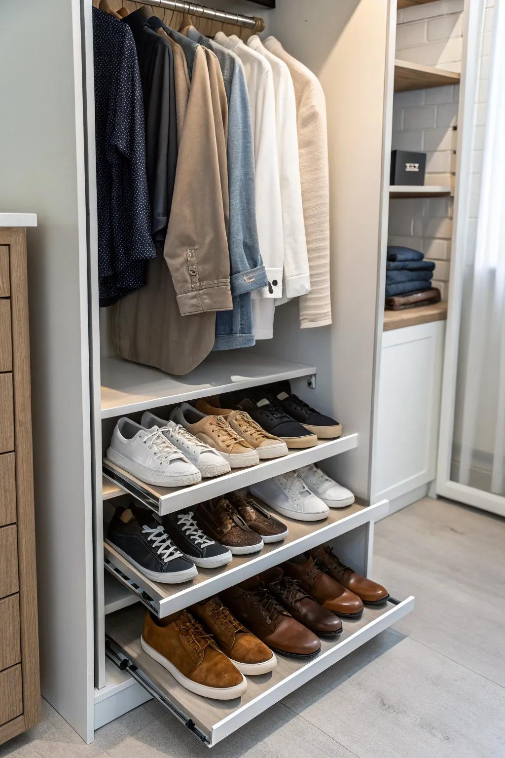 Sliding shoe organizers offer practical and fashionable shoe storage.