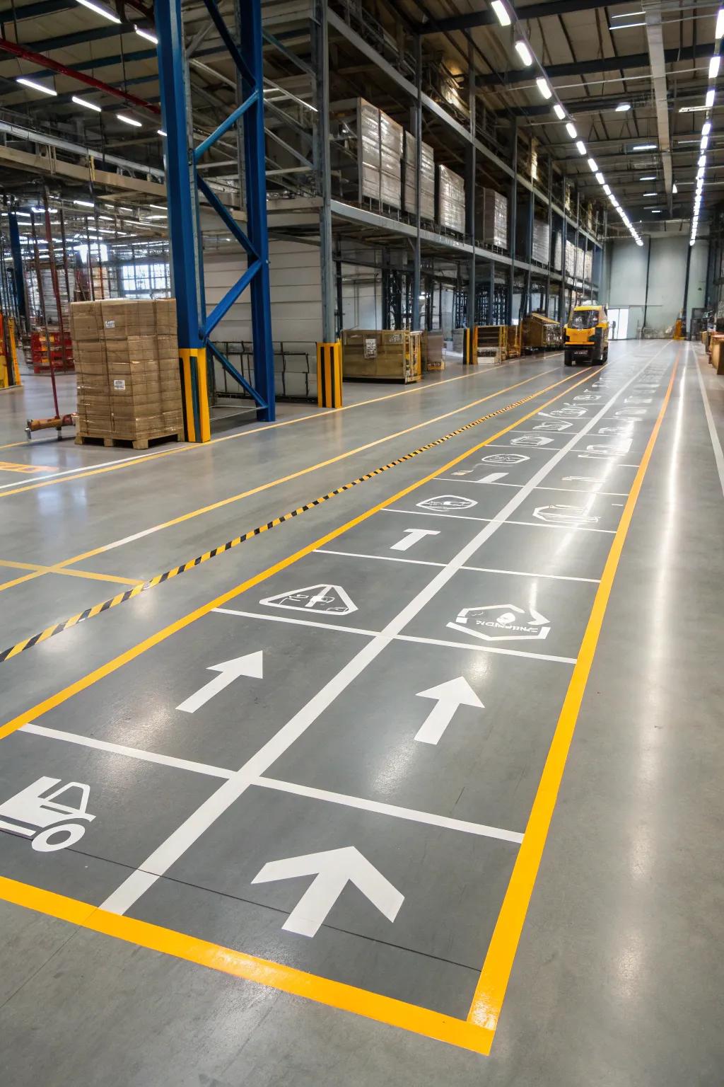 A well-defined floor plan with specified pathways enhances warehouse efficiency.