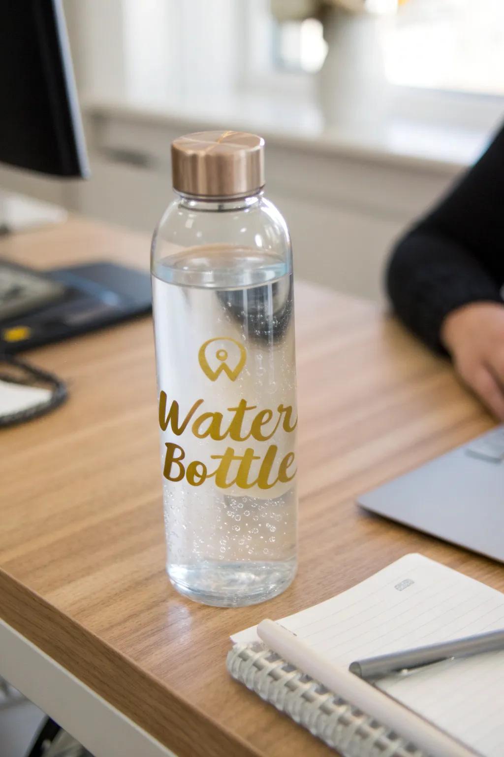 A bespoke hydration bottle boasting golden adhesive monograms.