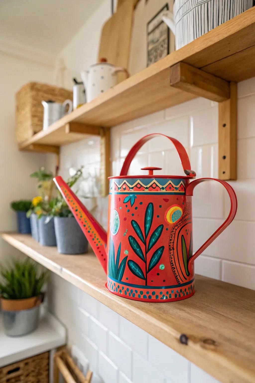 A watering can transformed into a vibrant piece of art with paint.